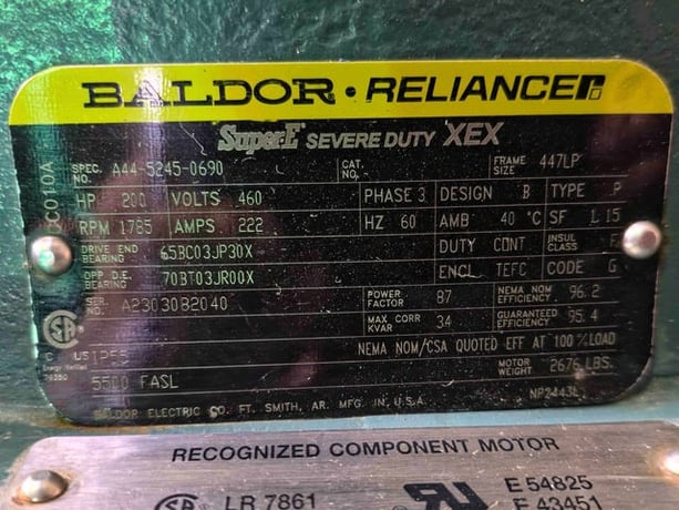 200 HP 1800 RPM Baldor Reliance, Frame 447LP, TEFC BB, 460 Volts, New Surplus - Image 3