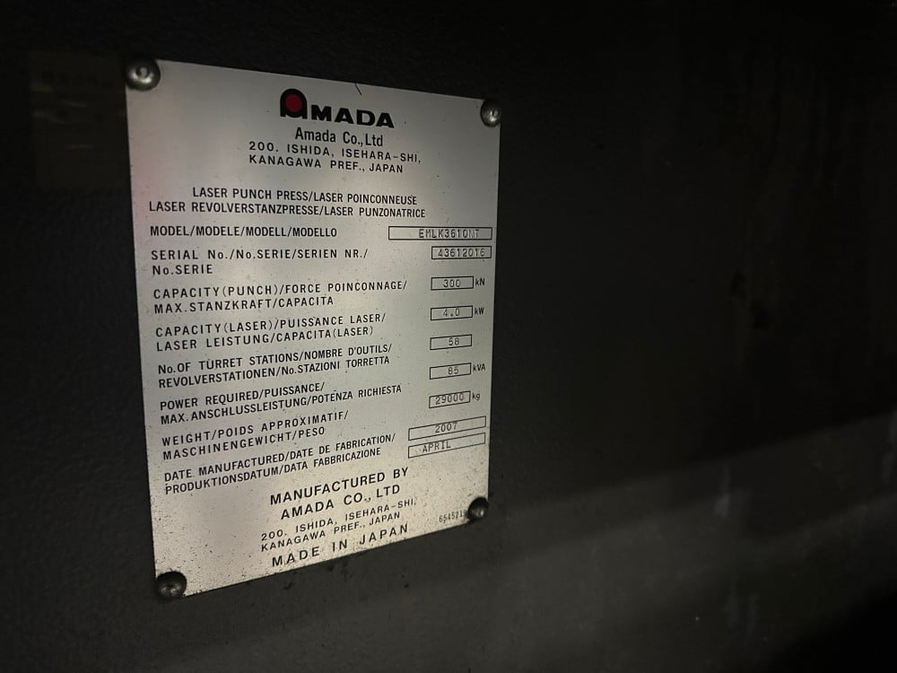 Amada #EMLK3610NT, laser / punch combo, 33 ton, 4000 watt Fanuc C4000 (AF-4000E) Co2 laser, 58 station King - Image 7