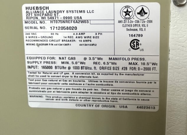 75 lb. Huebsch #HT075NREF6A2W03, Natural Gas Dryer, 165000 BTUH, 240 V., 2017 - Image 10