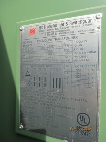 1500 KVA 4160 Delta Primary, 480Y/277 Secondary, IEN Hanchang, 5-Tap, 600A Bushing, DOE 2016, UL Listed - Image 1
