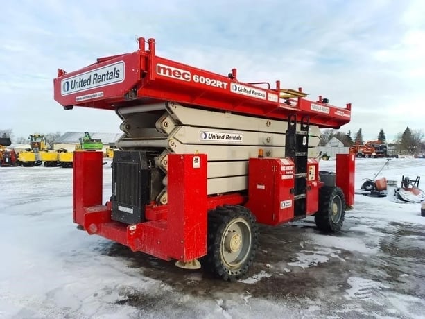 1200 lb. Mec #6092RT, rough terrain scissor lift, 66' work height, 60' platform height, 2021 - Image 5
