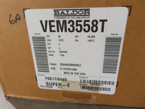 2 HP 1755 RPM Baldor #VEM3558T, AC Electric Motors, Frame 145TC, 5.8/2.9 amps, 230/460 Volts - Image 2