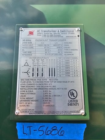 2000 KVA 13200 Delta Primary, 480Y/277 Secondary, IEN Hanchang, 7-Tap, 150kV BIL, DOE 2016, UL Listed, New - Image 1