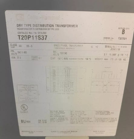 37.5 KVA 480/240 Primary, 240/120 Secondary, Eaton Cutler-Hammer, transformer, 1-phase - Image 2