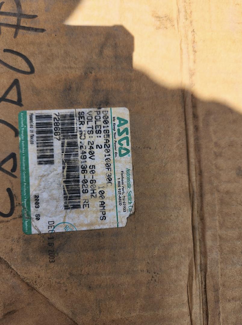 100 Amp. ASCO Automatic Transfer Switch, 1Ph, 240 Volts, unused (2 available) - Image 2