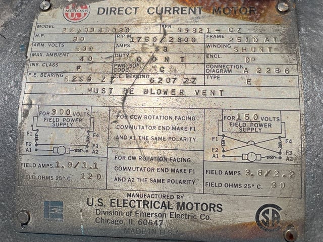 30 HP 1800 RPM U.S. Motors, Frame 2510AT, DPFVBB, 500 VA, 300/150 VF - Image 2