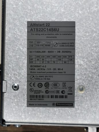Schneider Electric #ATS22C14S6U, Soft Starter, Altistart 22, 140A, 208/600 Volts, 110 Volts Coil, unused - Image 3