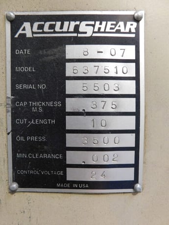 3/8" x 10' Accurshear #6375010, Hydraulic Shear, 36" Back Gauge, 30 HP, 21 Str, 2007 - Image 7
