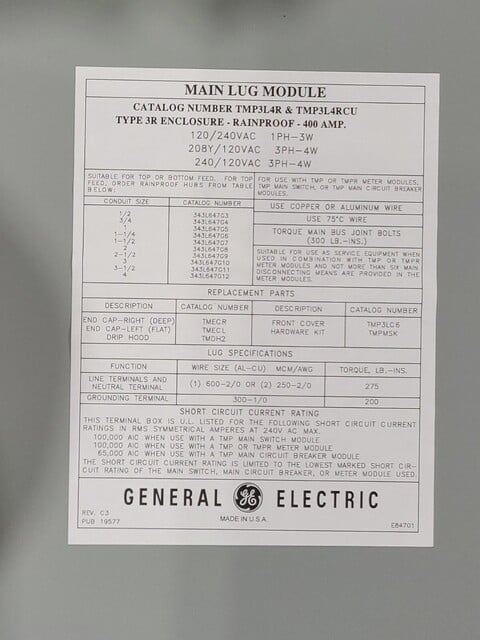 GE #TMP3L4R, Meter Module III, 400 Amp Main, 3R - Image 2