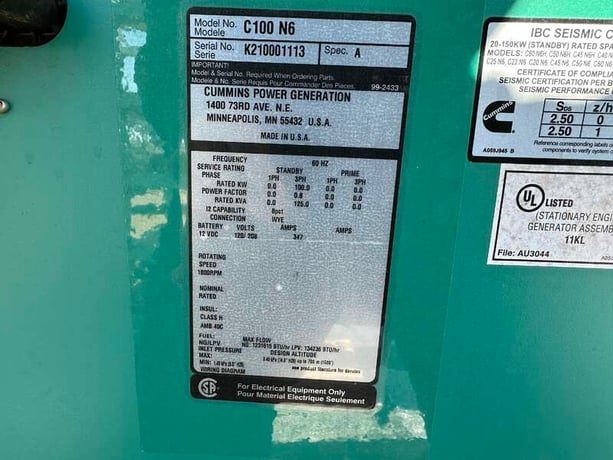 100 KW Cummins #C100N6, Natural gas / propane generator set, 120/208 Volts, 162 HP @ 1800 RPM, QSJ5.9G-G3 - Image 8