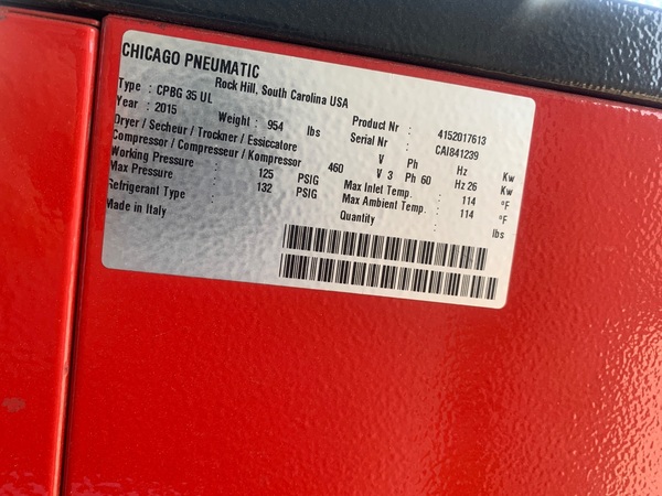 35 HP Chicago Pneumatic Compressor #CPBG-35, 360 cfm, 240 gallon Steel Fab A10053 vertical air receiver tank - Image 3