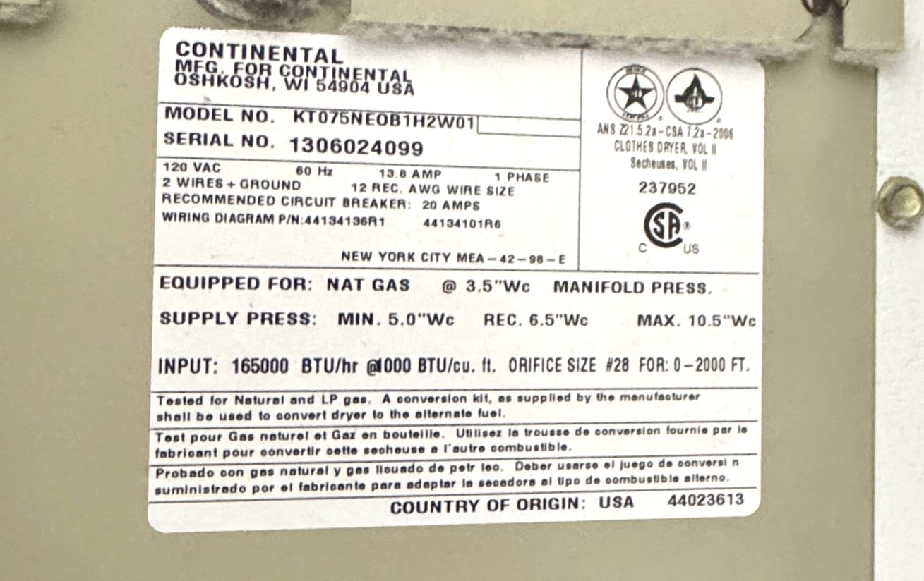 75 Lb. Continental Girbau #KT075N, Gas Dryer, 165k BTUH, 2013 (2 available) - Image 9