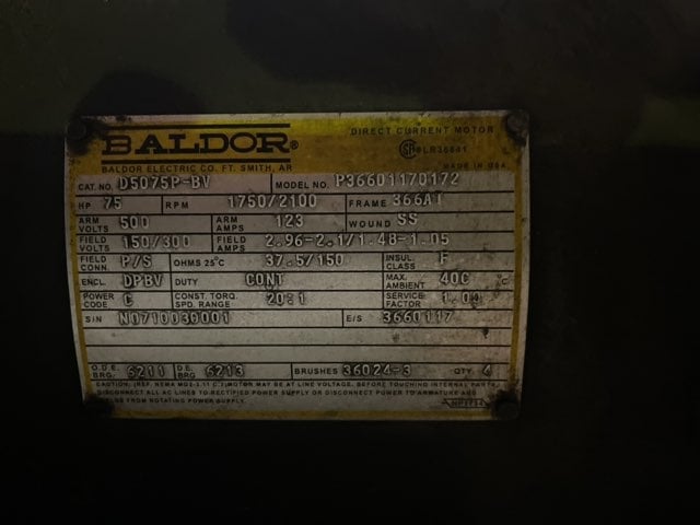 75 HP 1800 RPM Baldor, Frame 366AT, DPFVBB, 500 VA, 300/150 VF (4 available) - Image 2