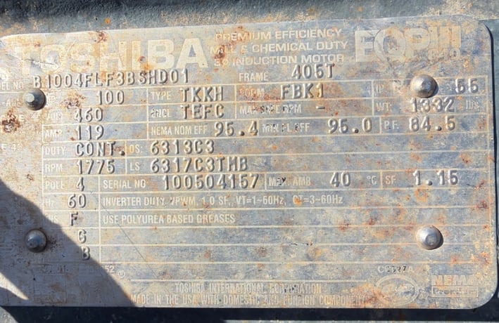 100 HP 1775 RPM Toshiba, Frame 405T, TEFC, 460 Volts, roller, 1.15 service factor, offered electrically OK or - Image 1