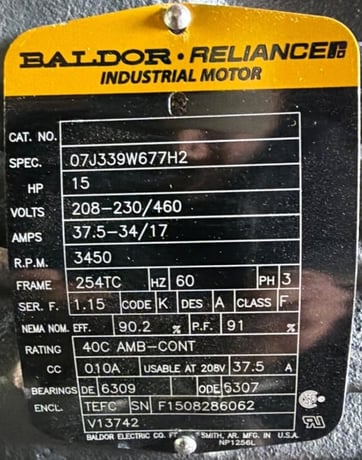 15 HP 3450 RPM Baldor, Frame 254TC, TEFC, Ball, 1.15 service factor, 230/460 Volts - Image 1
