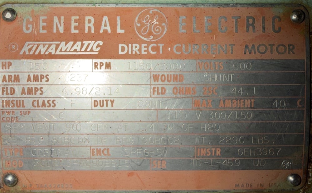 150 HP 1150/2000 RPM General Electric, Frame CD506AT, SPFG-SV, shunt, 500 VA, 150/300 VF - Image 1