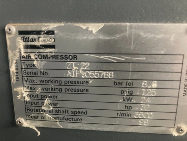 125 psig, Atlas Copco #ZT-22, Rotary Air Compressor, 32 HP, 3500 RPM, 1999 - Image 3