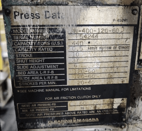 440 Ton, Clearing, Niagara #PN-400-120-60, Straight Side Double Crank Press, 120" RL, 10" stroke, 20-40 SPM - Image 6
