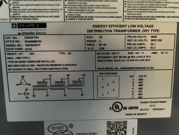 30 kVA 480 Primary, 208Y/120 Secondary, Square D (6 Available) - Image 1