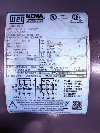25 HP 3530 RPM Weg, Frame 254/6T, 254/6T, 230/460 Volts, aegis ring - Image 1