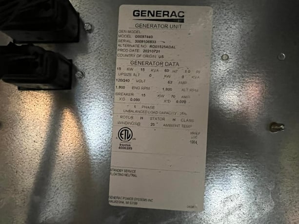 15 KW Generac #G0097440, Diesel Generator Set, Sound Enclosure & Base Fuel Tank, 1800 RPM, 120/240 Volts - Image 9