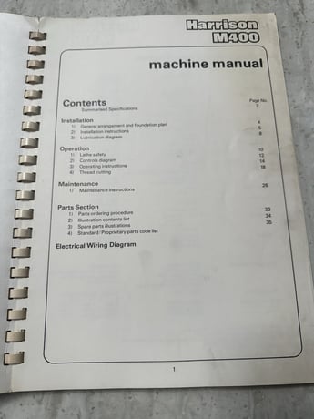 OME Harrison M400 16.5 & #034; Swing Lathe Owner Operator Instruction & Service Manual - Image 2