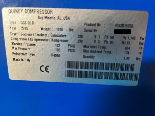 125 Psi, 82 cfm, Quincy #QGS-20, Rotary Screw Air Compressor, 20 HP, 2200 hours, 2015 - Image 7