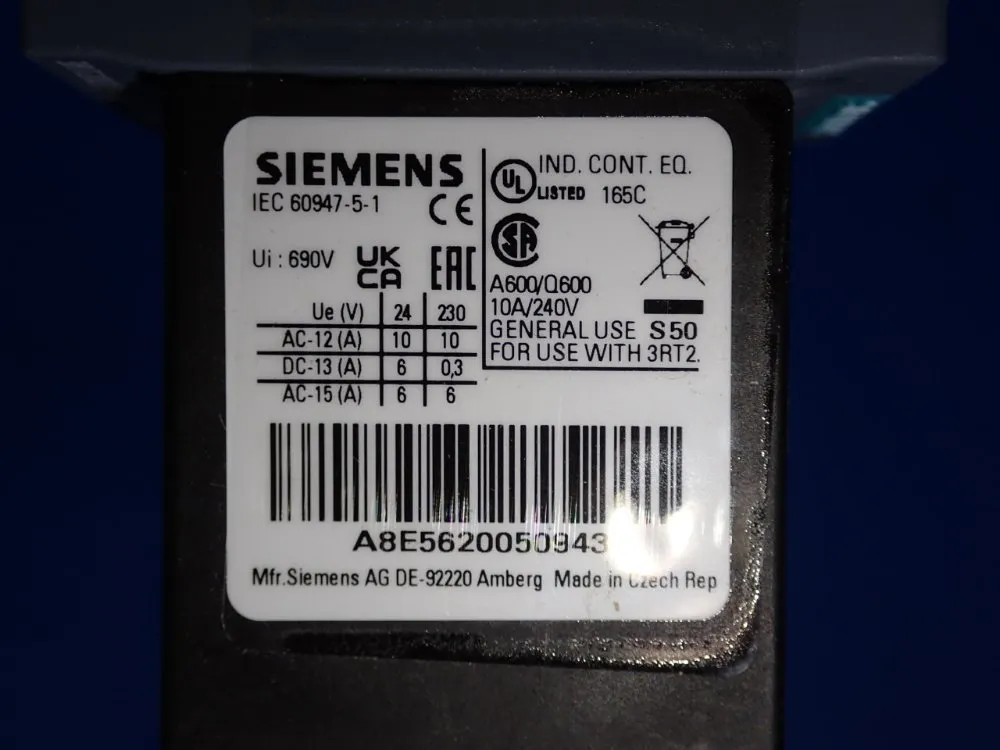 Siemens #3RT2027-1BB44-3MA0, Contactor, 15 kW, 32 Amps, 400 VAC - Image 6