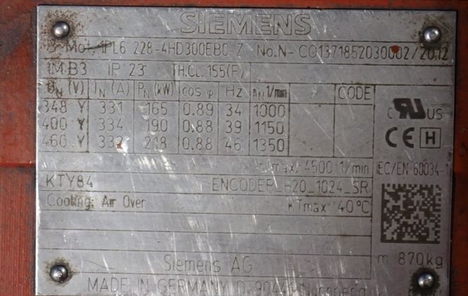 4500 HP Siemens 4PL6-228-4HD300EB0-Z, Motor, 3 Phase, 218 kW, 348/400/460 V, 2012 - Image 4