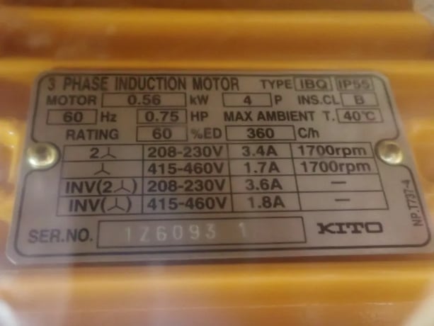 .125 Ton, Harrington #NER2001HD, Electric Chain Hoist, 0.75 HP, 1700 RPM, 415/460 V - Image 4