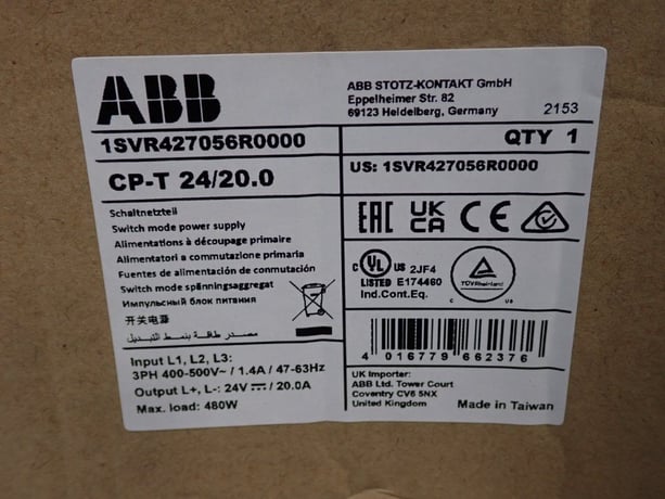 ABB, CP-T24/20.0, Switch Mode Power Supply, 11 Qty., 3 Phase, 480 Watts, 400-500 VAC Input, 24 VDC Output - Image 9