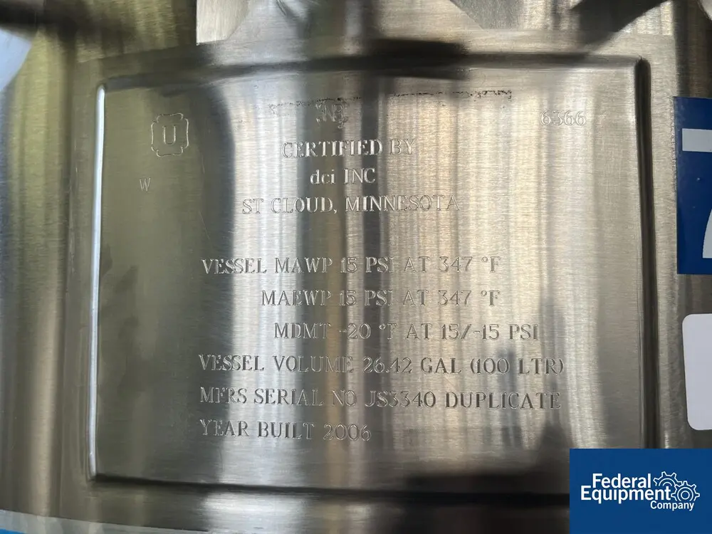 26.4 gallon DCI Reciver Tank, Stainless Steel, dish top & bottom, 15 psi, 100L, legs, 2006 - Image 2