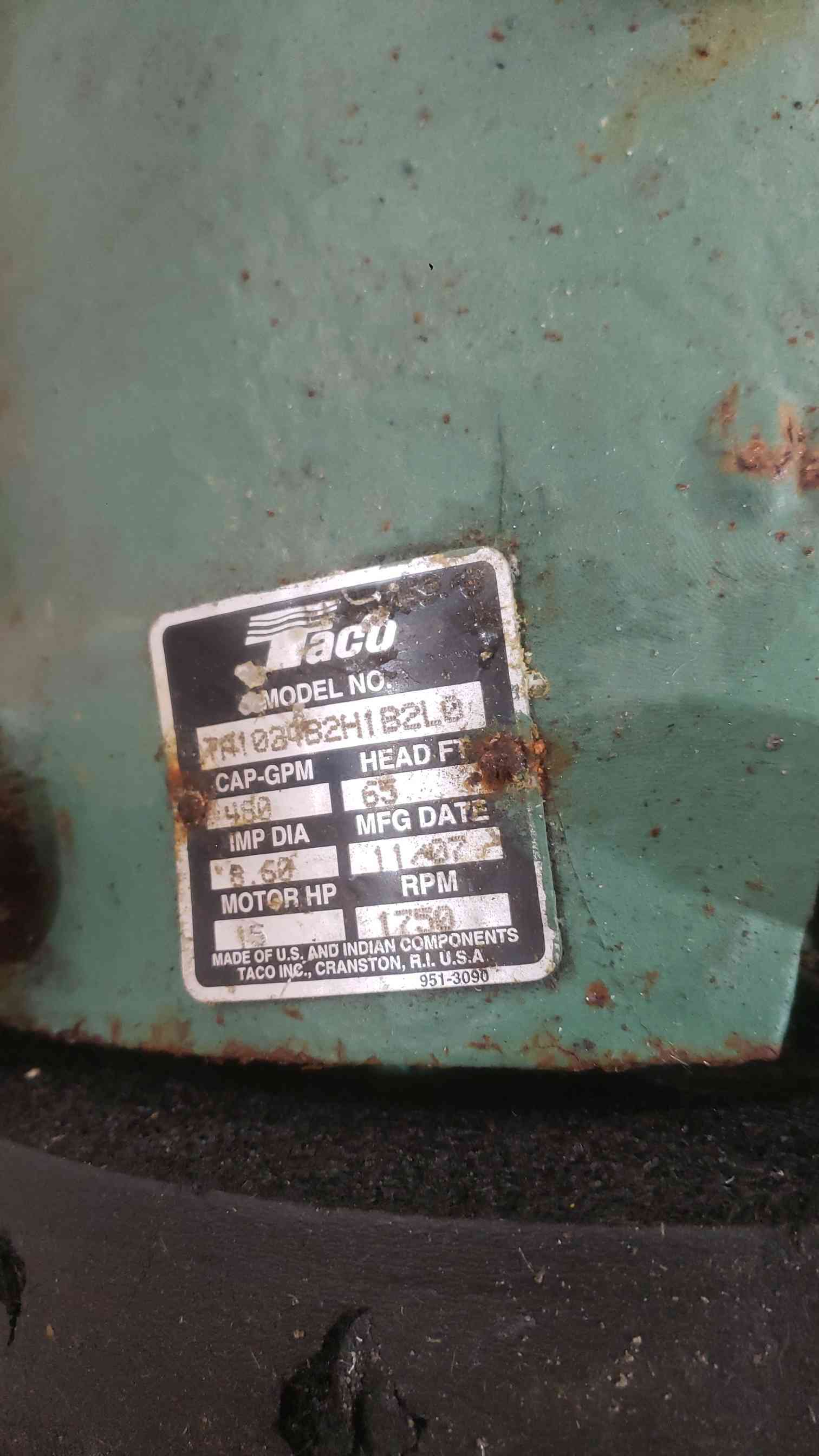 480 GPM @ 65' TDH, Taco #TA1034B2H1B2L0, Motor Driven Pump, 15 HP, 1750 RPM, 2007 (2 available) - Image 2