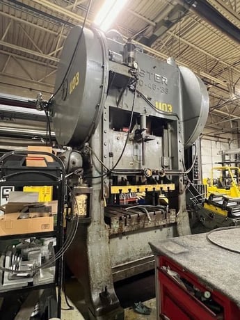 150 Ton, Minster #P2-150-48-36, straight side double crank, 4" stroke, 8" adj., 48" x36" bed, 16" window, air - Image 2