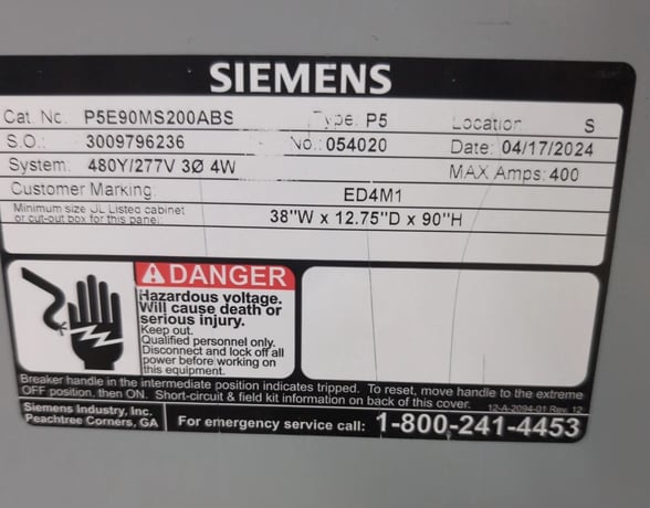 400 Amp. Siemens, P5E90MS200ABS, MLO Panelboard, indoor, 4-wire, 480/277 Volt, 3PH - Image 2