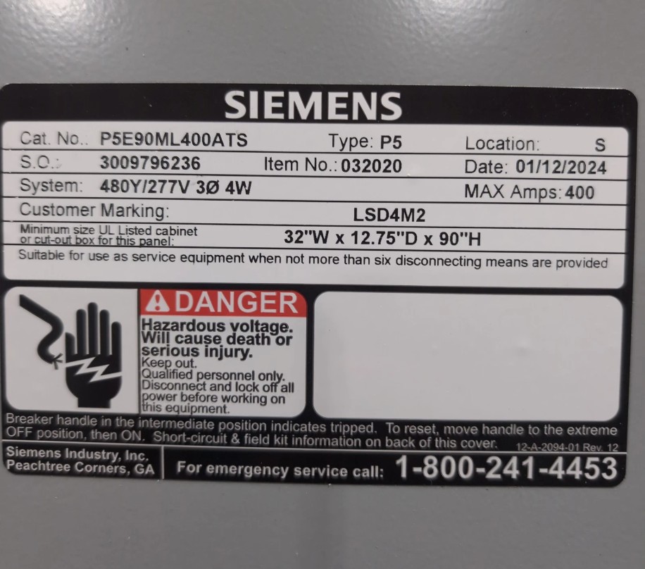 400 Amp. Siemens, P5E90ML400ATS, MLO Panelboard, 4-wire, 480/277 Volt, 3PH, 2024 - Image 2