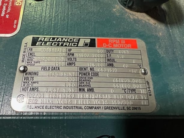60 HP 1200 RPM Reliance, Frame LC2812ATZ, DPFVBB, 500 VA, 300/150 VF, New Surplus - Image 3