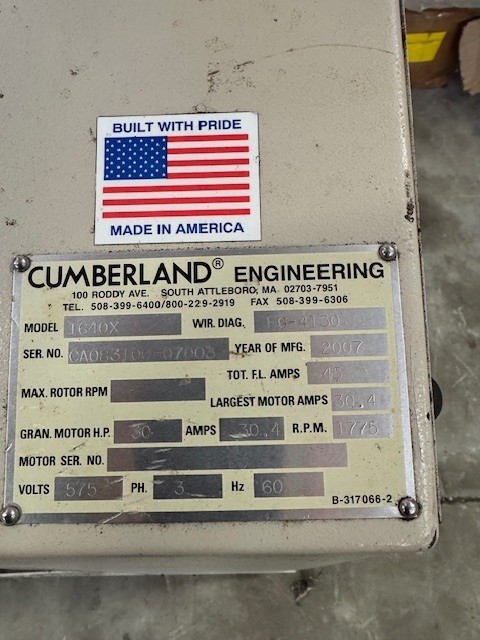16" x 40" Cumberland #1640X, granulator, 30 HP, 3 knife open rotor, 2 bed knives, hydraulic hopper tilt, 2007 - Image 9