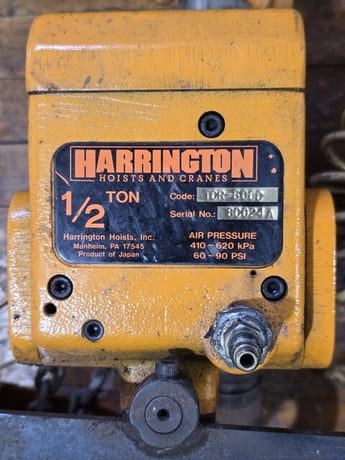 .5 Ton, Harrington #TCR-500C, Pneumatic Air Hoist, 60-90 PSI, 410-620 kPa - Image 3