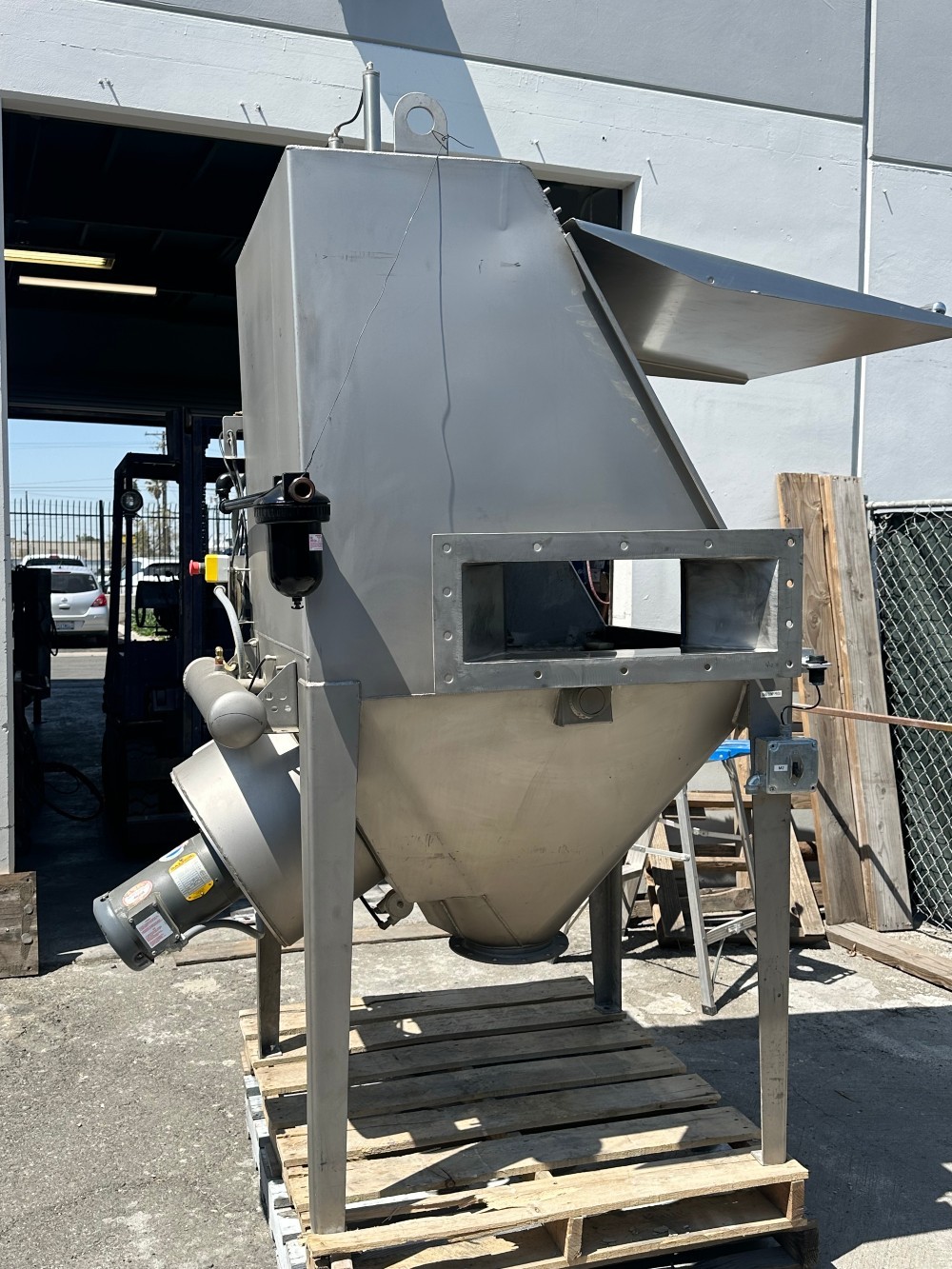 Stainless Steel Bag Break Station, heavy duty, with attached mild steel bag compactor - Image 1