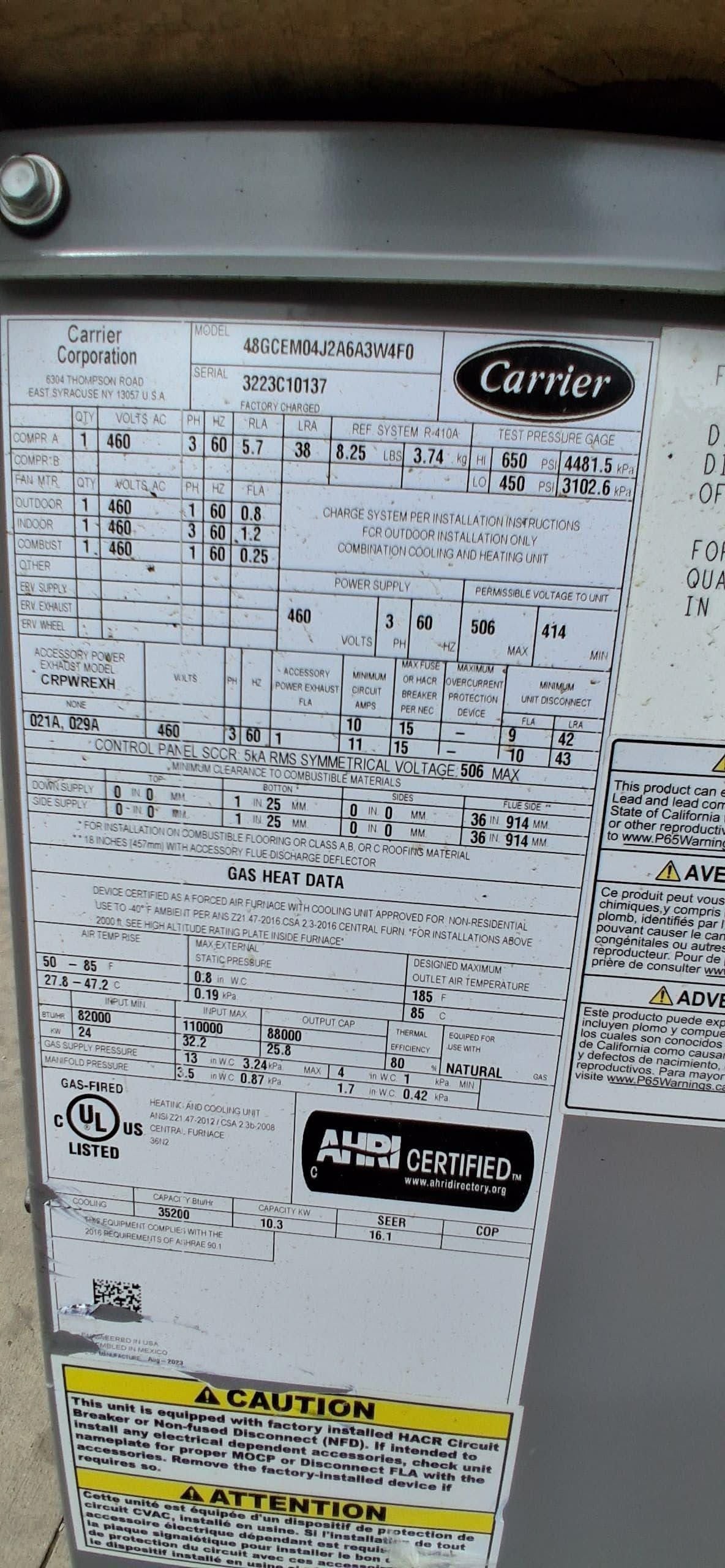 3 Ton, Carrier #Weathermaster, RTU package unit, gas heat, R410a, 460 V., new - Image 5