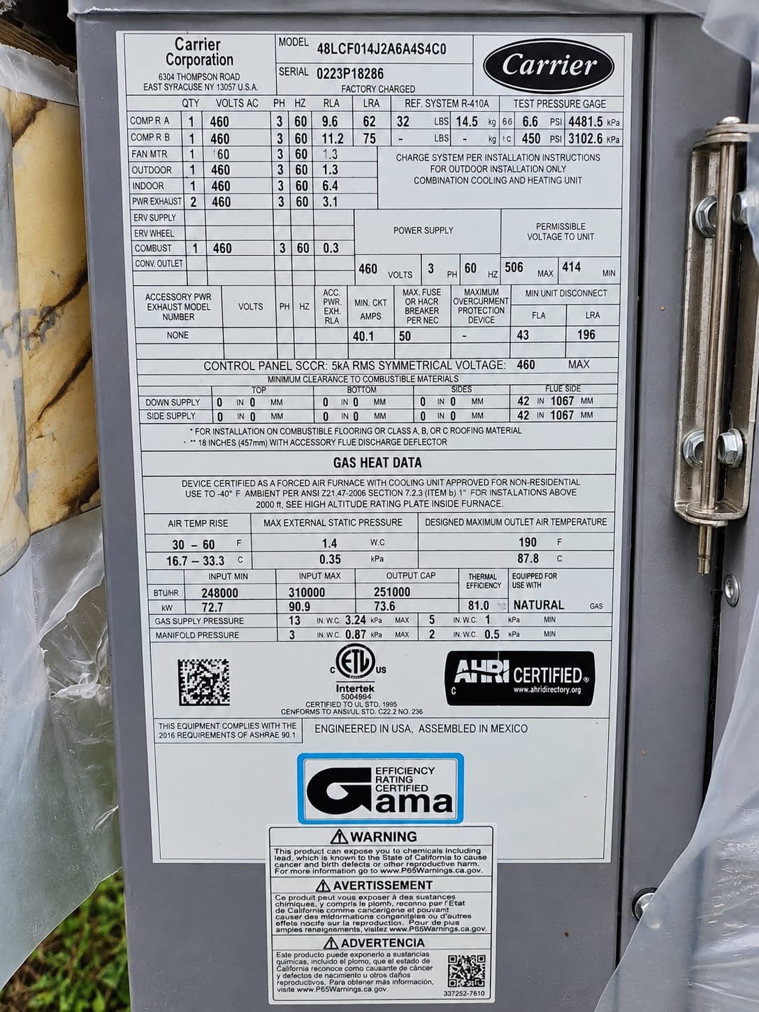 12.5 Ton, Carrier #48LCFO14J2A64SCO, RTU package unit, R410a, Gas Heat, high efficiency, new, 2022 - Image 7