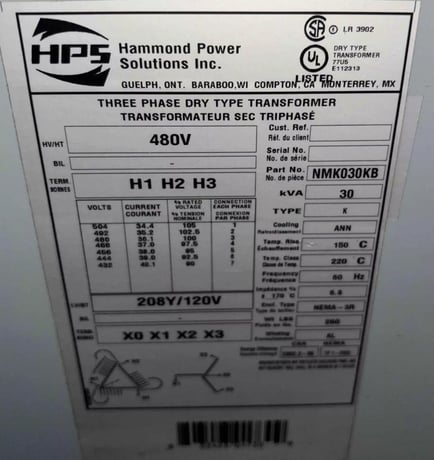 30 KVA 480 Primary, 208Y/120 Secondary, Hammond Power Solutions, transformer - Image 2