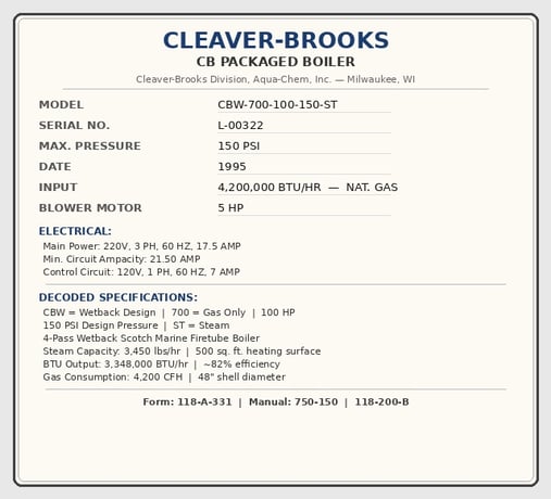 100 HP Cleaver-Brooks #CBW-700-100-150-ST, Steam Boiler Natural Gas, 150 PSI, 500 sq.ft., 4200K BTUH, 48" dia - Image 3