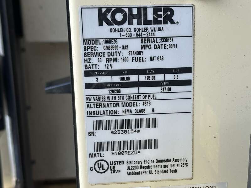 100 KW Kohler #100REZG, Natural gas / propane generator set, 120/208 Volts, 351 hours, 195 HP at 1800 RPM, GM - Image 10