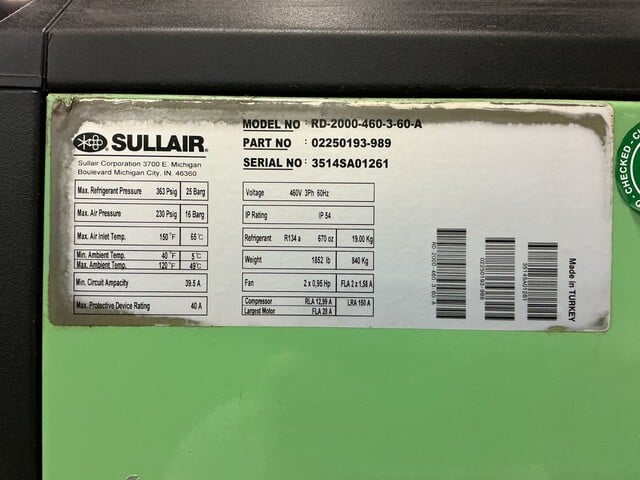 150°F, 230 psig, Sullair #RD-2000-460-3-60-A, refrigerated compressed air dryer - Image 7