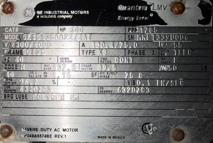 600 HP 1785 RPM General Electric, Frame 5013S, TEFC, BB, 2300/4000 V, offered electrically OK or rblt. w - Image 1