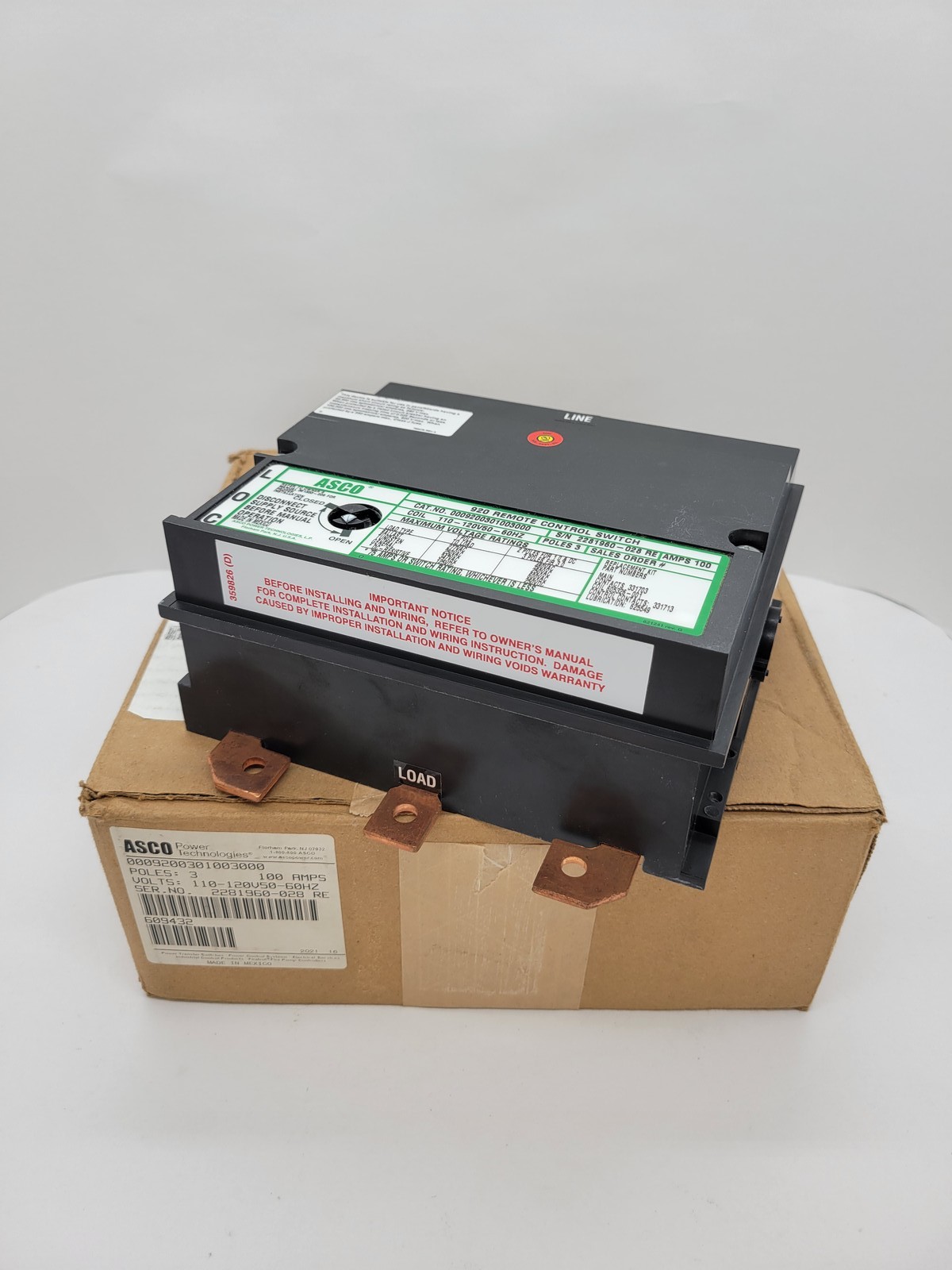 100 Amp. Asco #9200301003000-920, Remote Control Switch, 3P, 110/120 Volts - Image 1