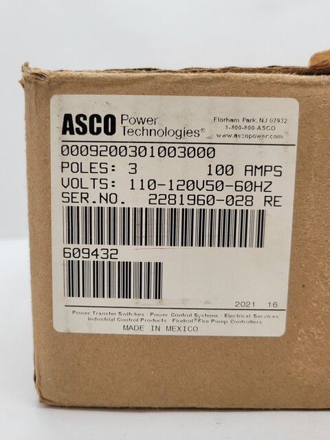 100 Amp. Asco #9200301003000-920, Remote Control Switch, 3P, 110/120 Volts - Image 2