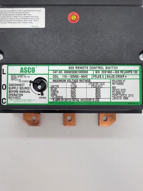 100 Amp. Asco #9200301003000-920, Remote Control Switch, 3P, 110/120 Volts - Image 3